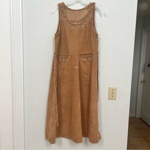 April Cornell Rustic Tan Midi Dress with Embroidered Neckline